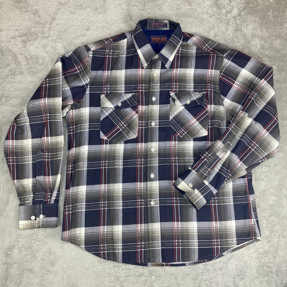 Vintage Woodland Plaid Shirt Men's Large Blue Gray Red Long‎ Sleeve Button Up